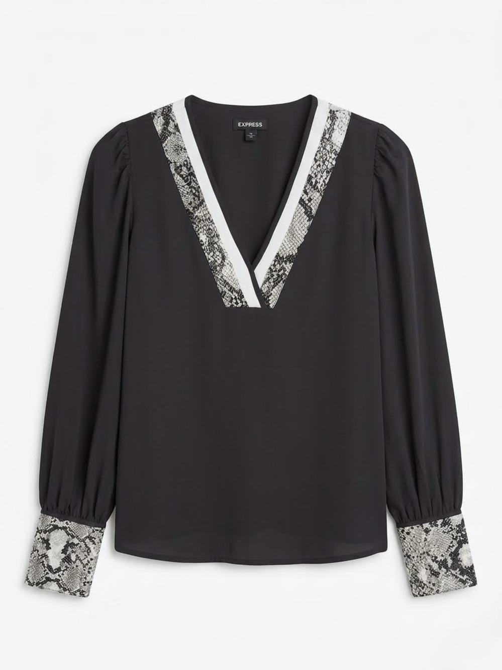 Express Black Snakeskin Trim V-Neck Puff Long Sleeve Blouse Top Office Casual XS